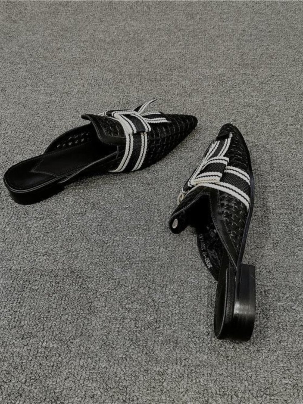 Handwoven Leather Mules, low-heeled women's mules with a bow